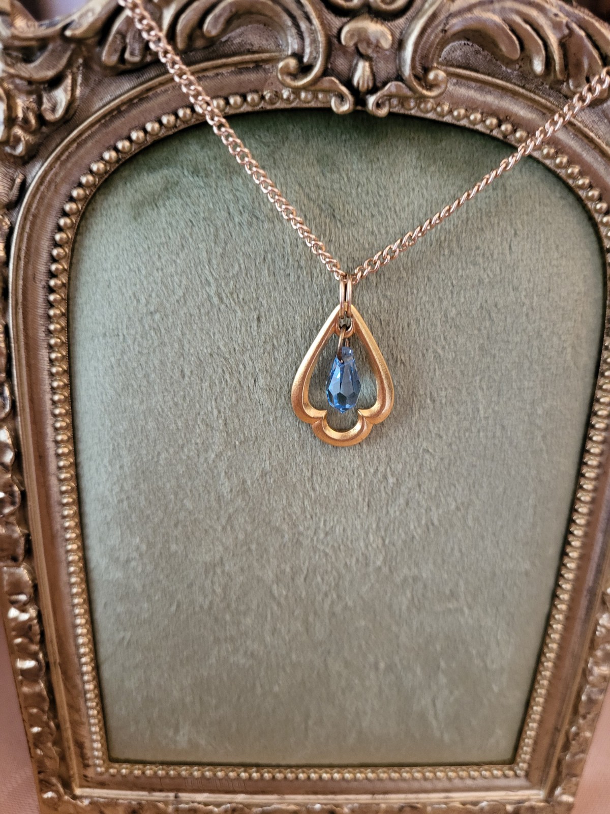 Gold Framed Blue Stone Pendant, 24 Inch Goldtone Chain
