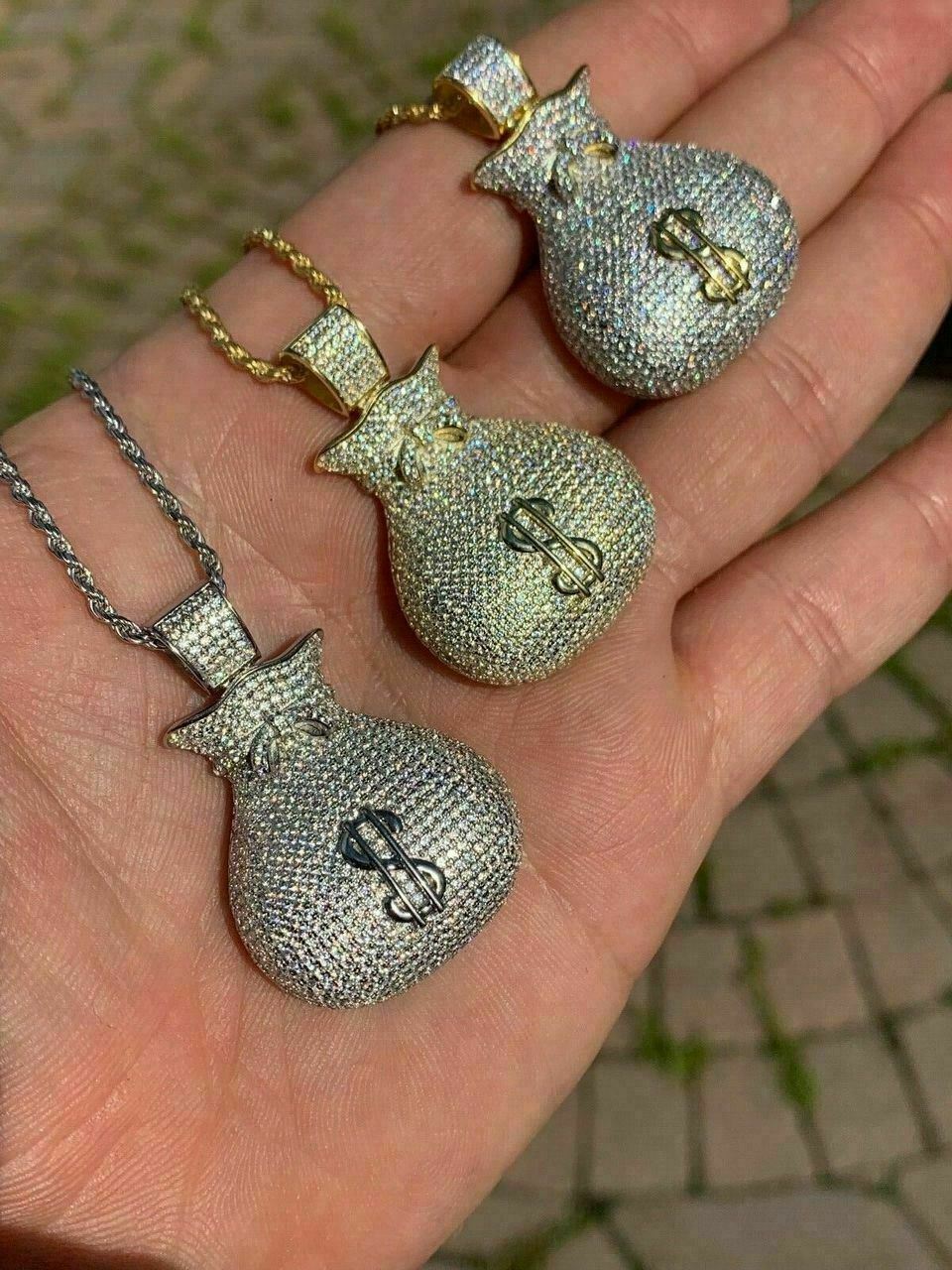 Solid 925 Silver 14k Gold Plated Money Bag CZ Dollar Sign Hip Hop Necklace