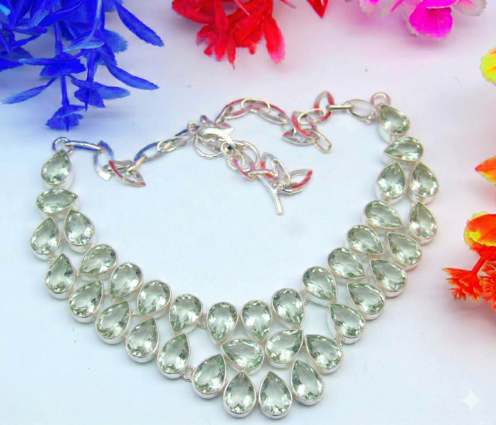 Green Amethyst Gemstone Handmade 925 Sterling Silver Jewelry Necklace ADJ 18″