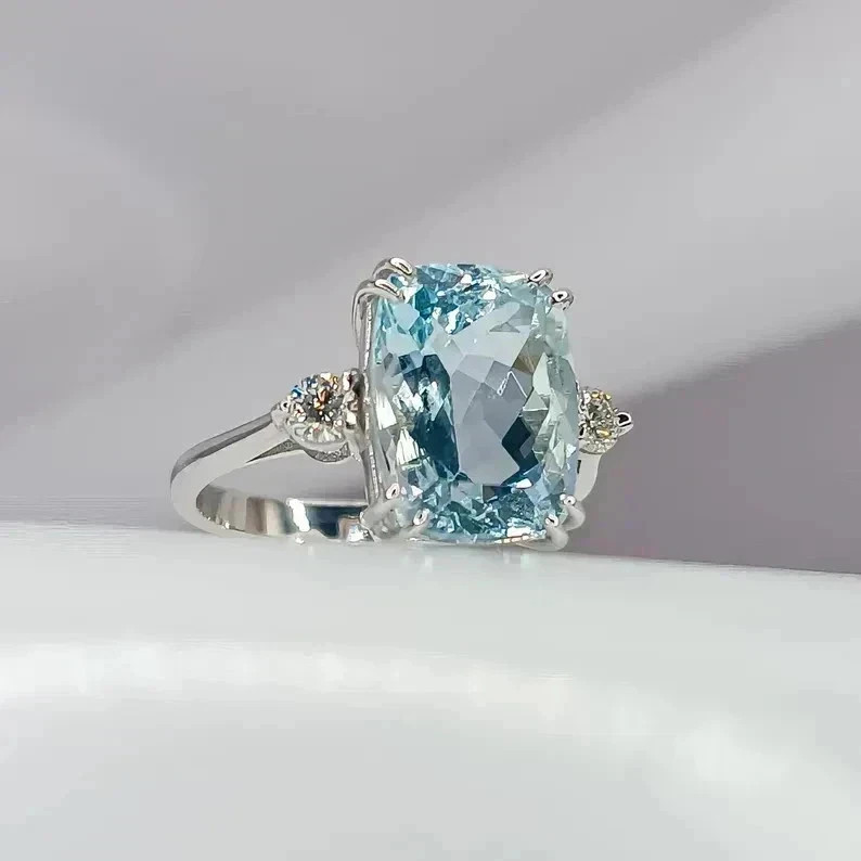 Cushion Cut 6.50 Ct Natural Aquamarine & Diamond Solid 14K White Gold Ring