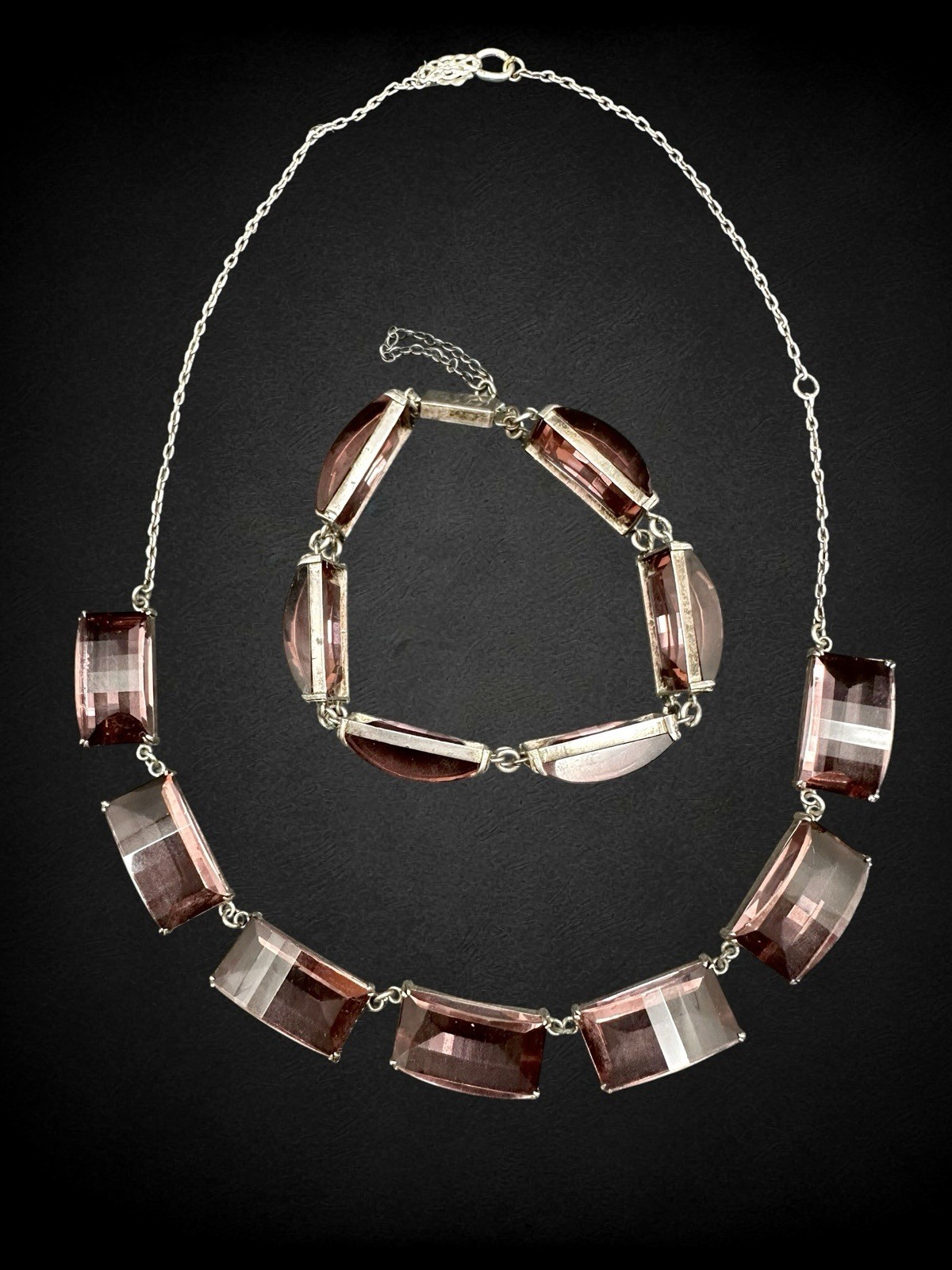 Vtg Art Deco Sterling Silver Faceted Purple Czech Glass Necklace Bracelet Set