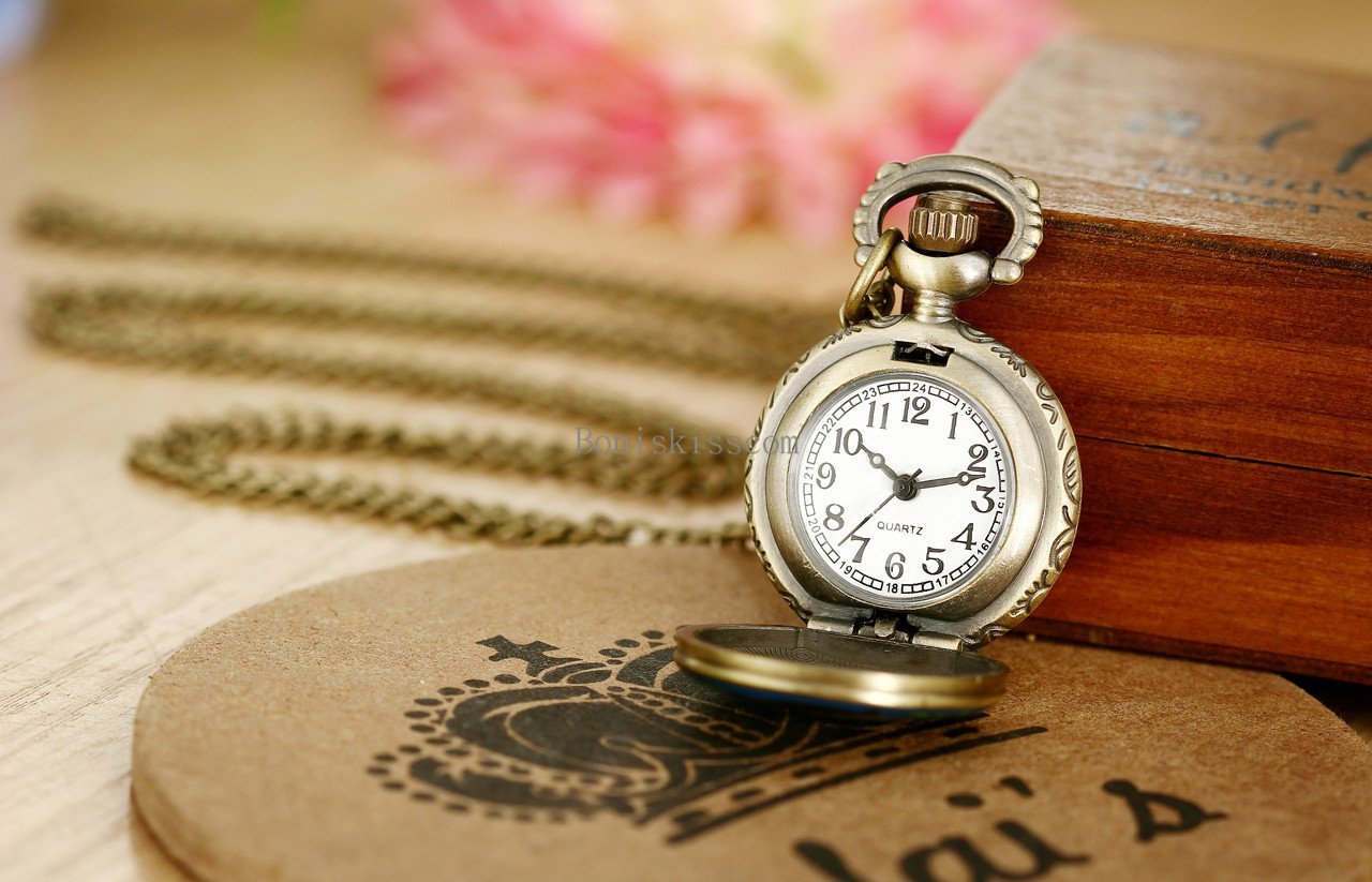 Vintage Brozne Alloy Enamel Night Owl Quartz Pocket Watch Pendant Chain Necklace