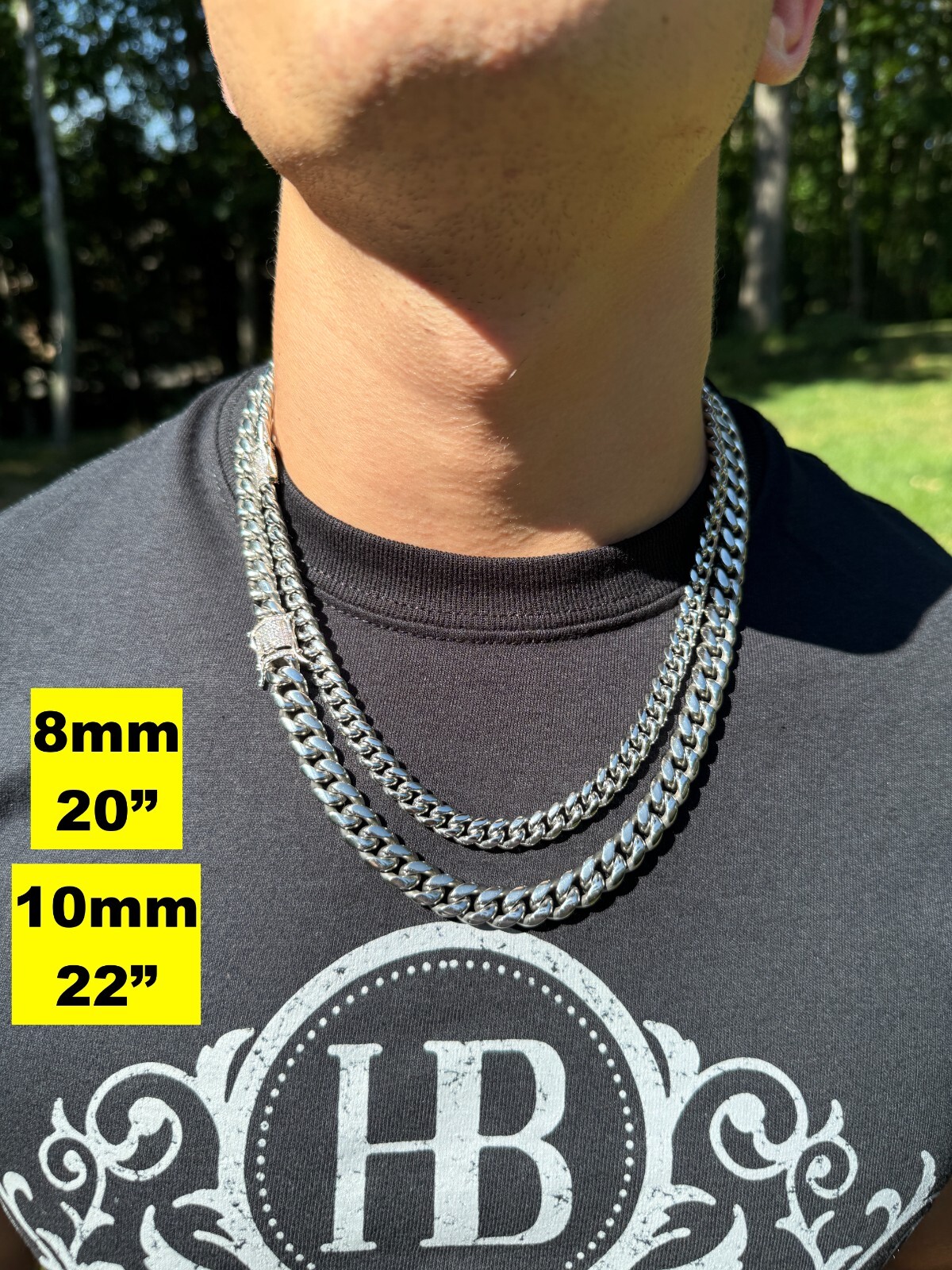 Miami Cuban Link Stainless Steel Chain W. 1ct CZ Iced 925 Silver Clasp 8mm-14mm