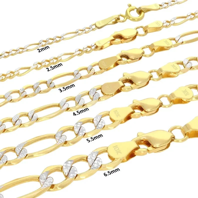 Real 14K Yellow Gold Diamond Cut Figaro Chain Necklace for Men & Women