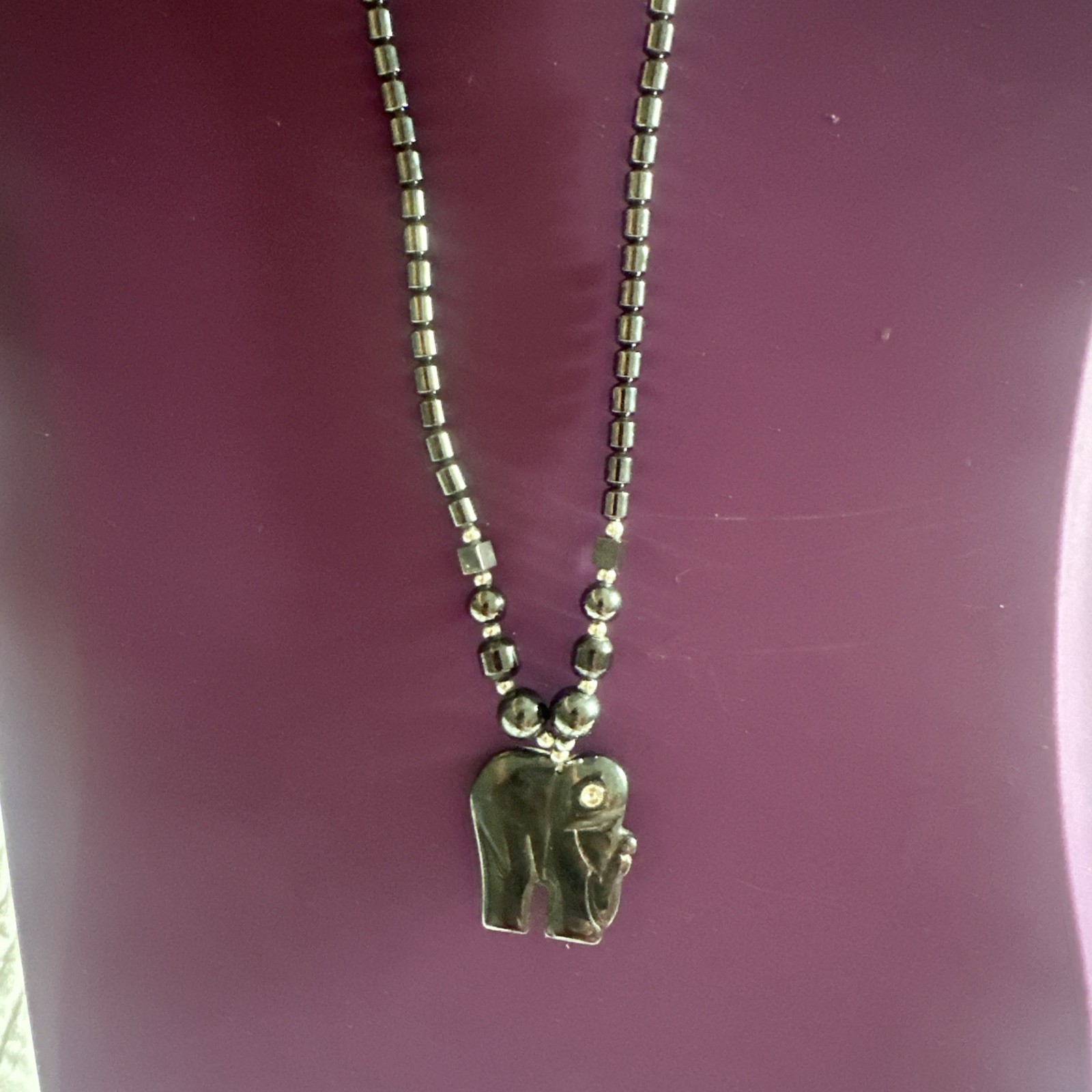Vintage Hematite Elephant Pendant Necklace Beaded Carved Stone Rhinestone Eye