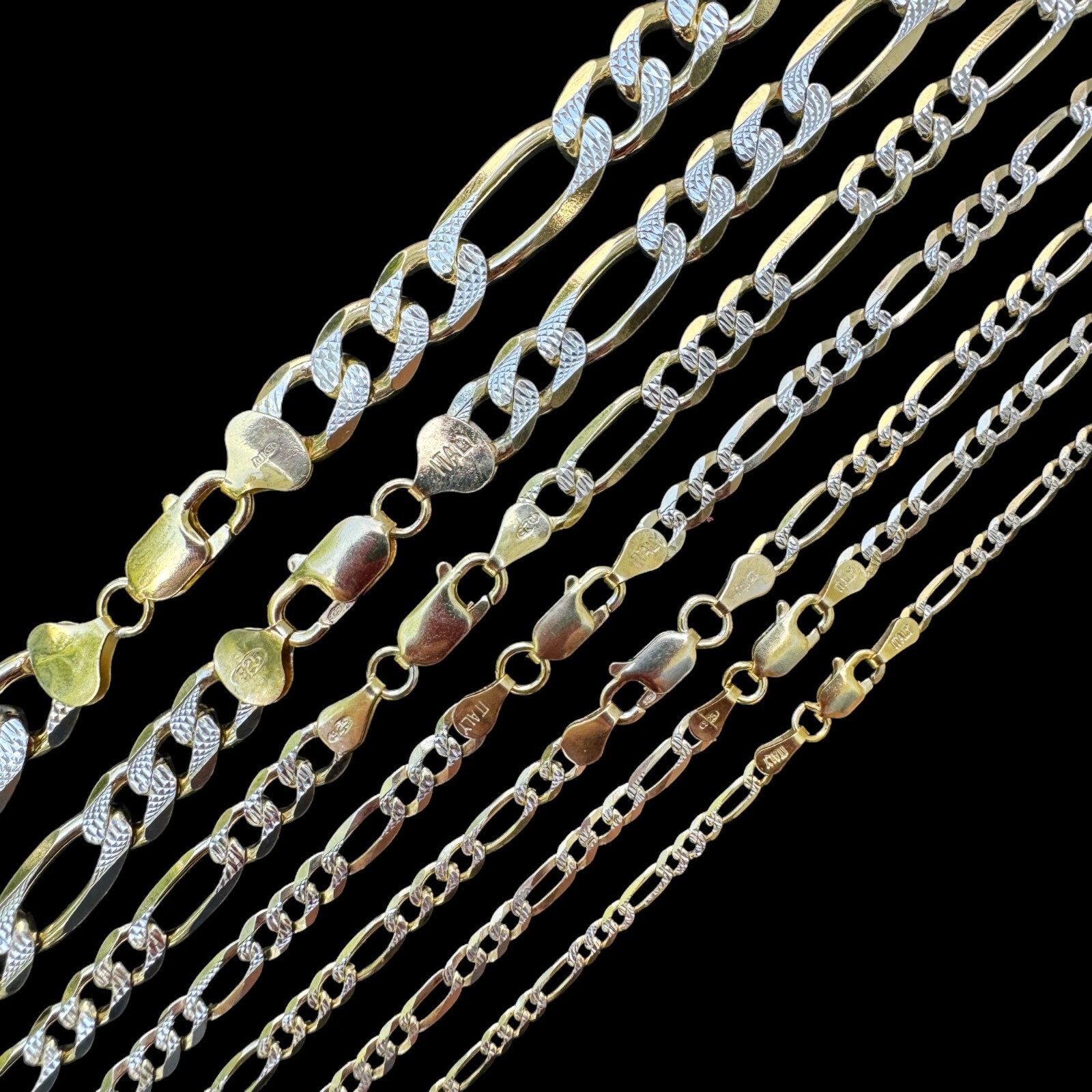 14k Gold Plated Solid 925 Sterling Silver Figaro Link Chain Two Tone Diamond Cut