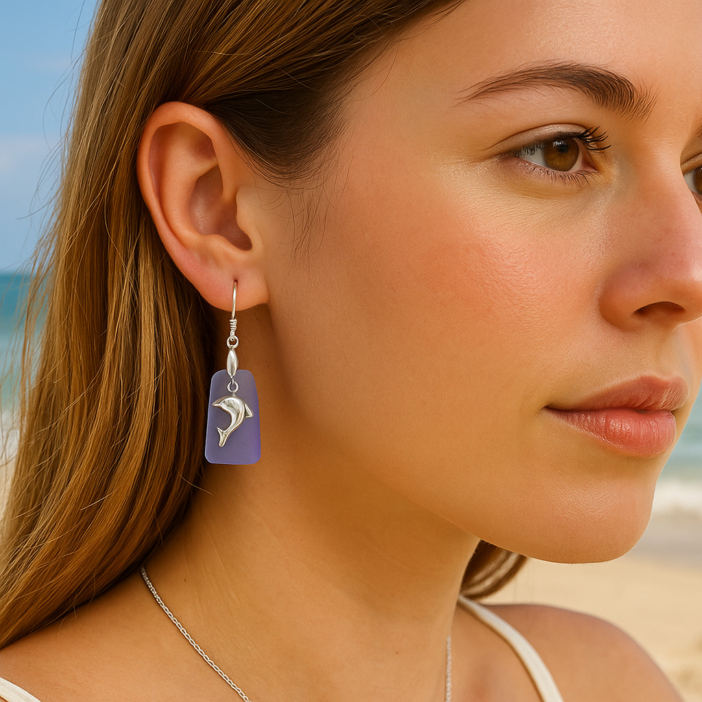Bohemian Vacation Style Sea Glass Earrings – Beach Dolphin Dangle Earring Set