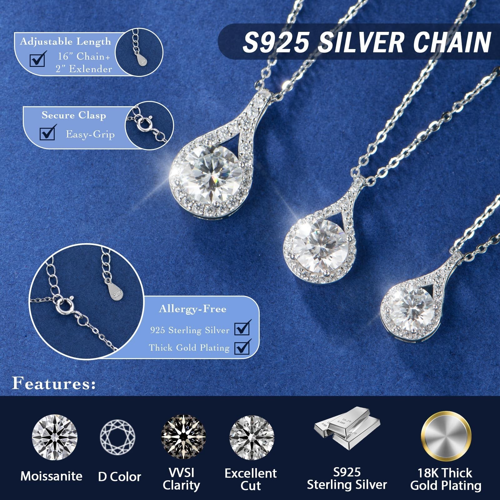 SecreTalk 1-5CT Moissanite Pendant Necklace for Women, Wedding Gift 925 Sterl…