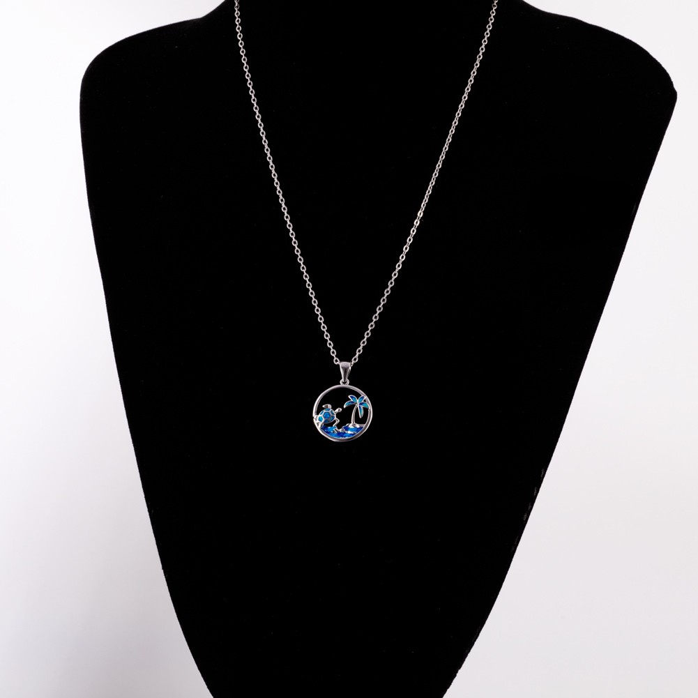 Sea Turtle Palm Tree Ocean Blue Fire Opal Silver Jewelry Necklace Pendant