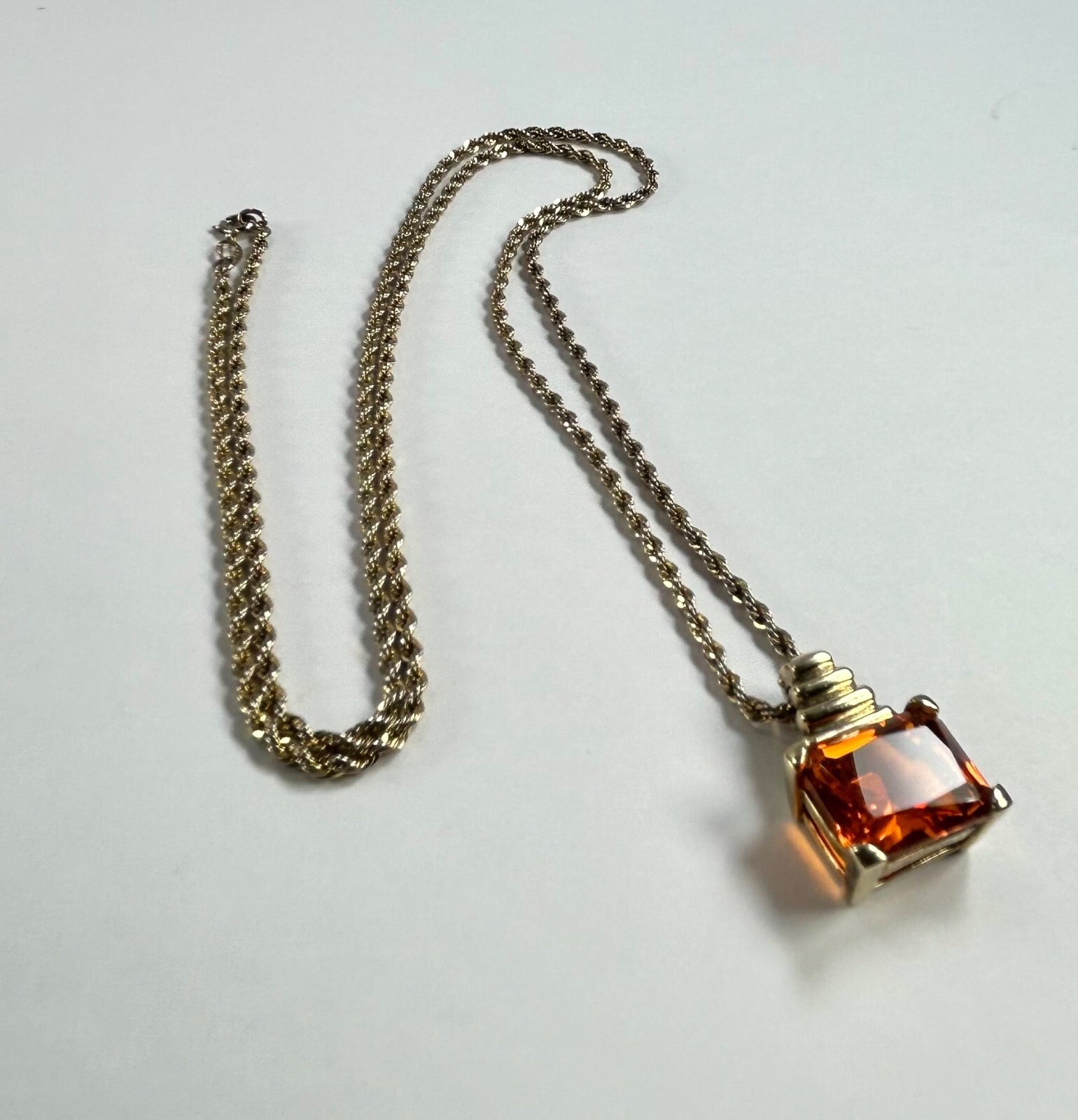 925 Sterling Silver Gold Vermeil Chain Necklace Orange Glass Pendant Statement