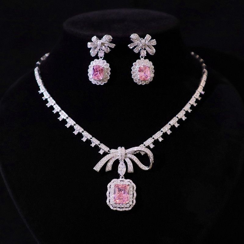 Silver vintage Tone Pink Diamond Jewelry Set Necklace Drop Earrings for Women