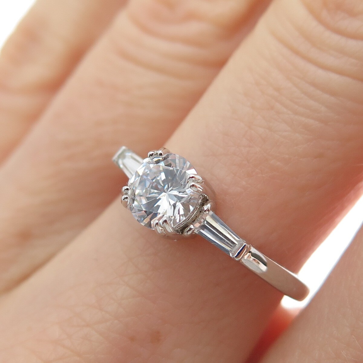 DSMK Sterling Silver Round & Tapered Baguette-Cut C Z Engagement Ring Size 6.25