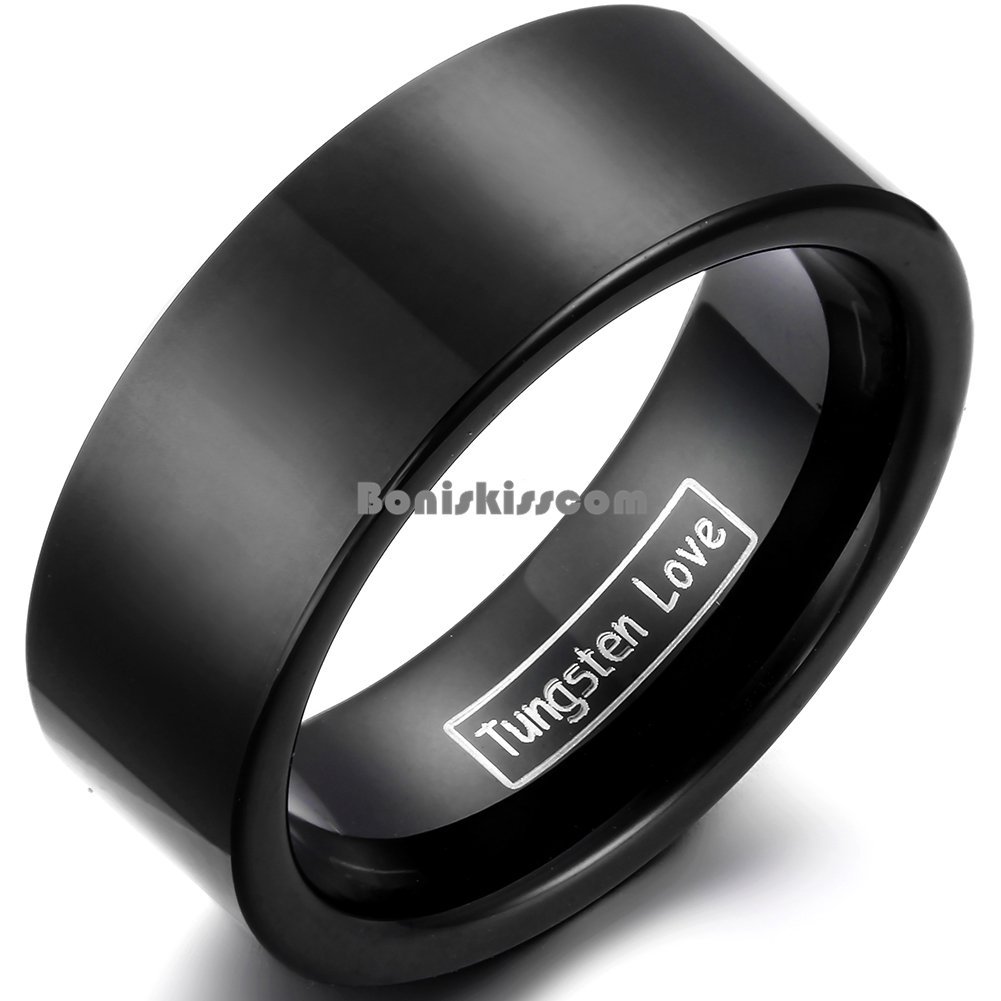 8mm Black Comfort Fit Tungsten Carbide Men’s Ladies Ring Flat Wedding Band