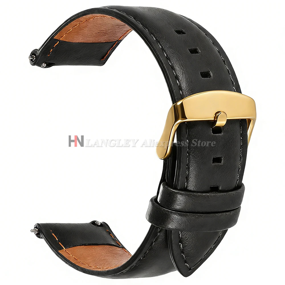 Genuine Cowhide Leather Watch Strap Quick Release Buckle Black Brown Red Band