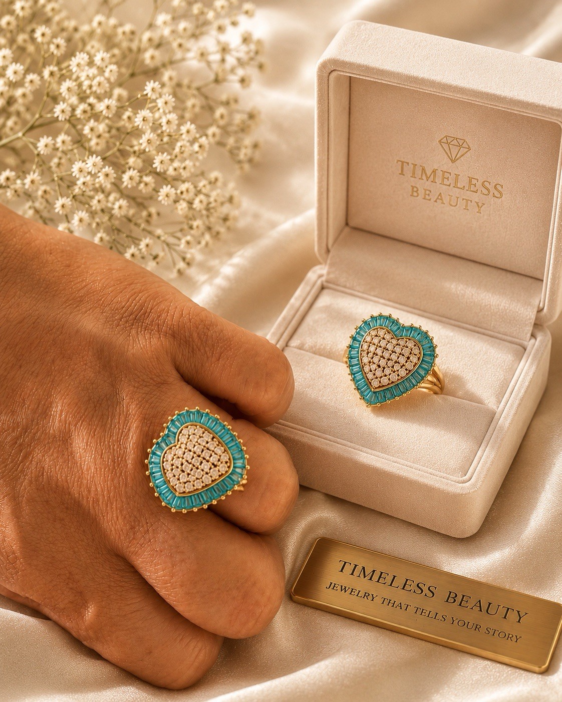 High quality none tarnished Heart stainless steel Ring Gold or Blue Size 7