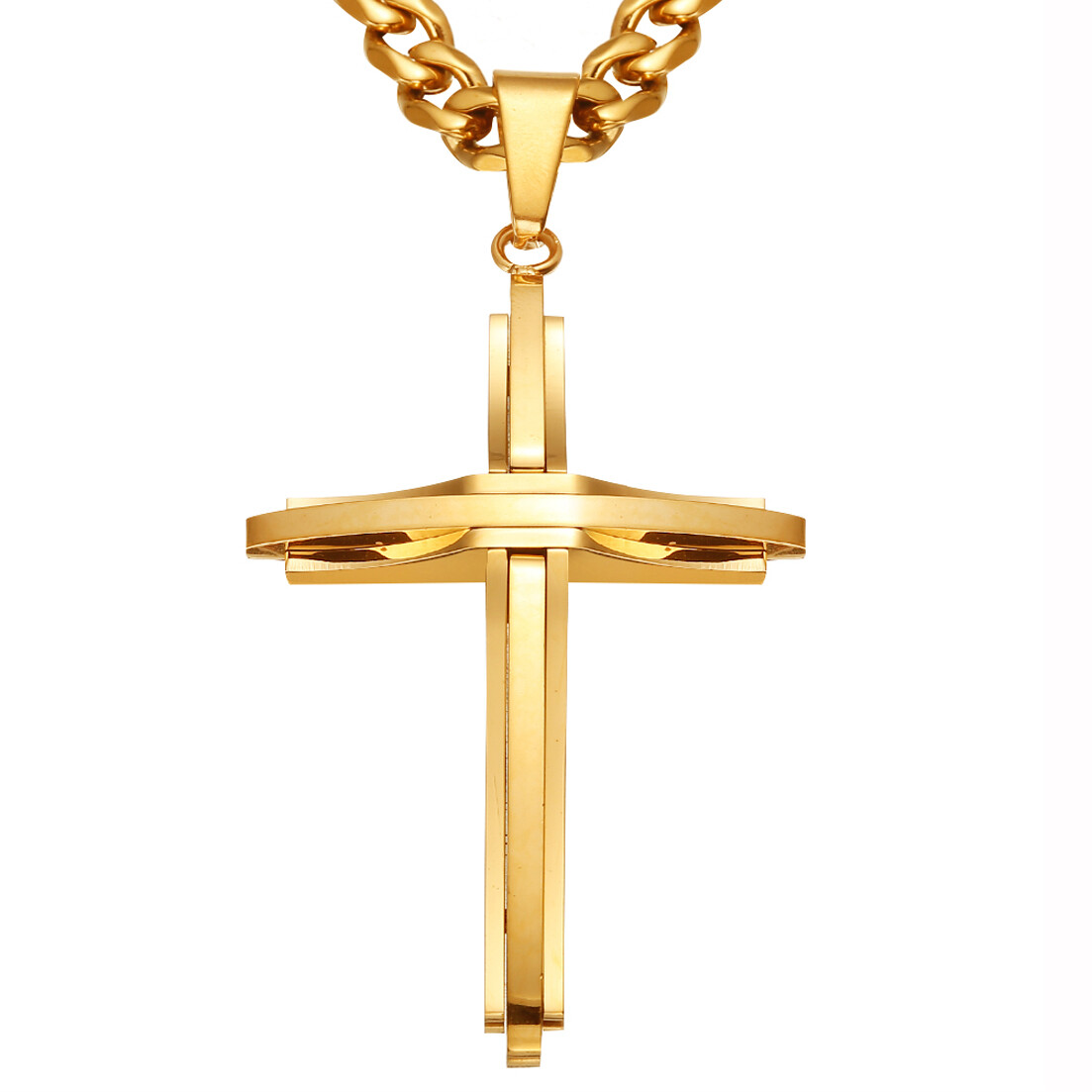 High Polished Stainless Steel Cross Pendant Necklace Cuban Link Chain 4Colors