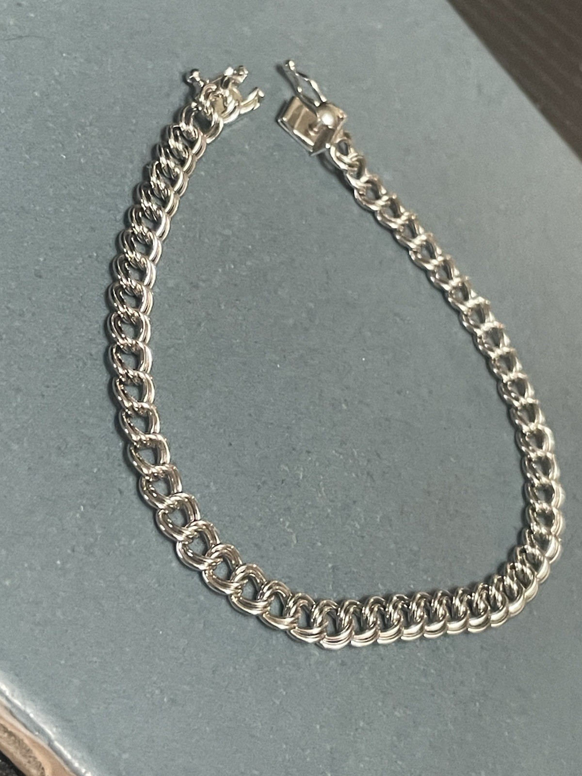 Vtg Sterling Silver Double Curb Charm Bracelet 7.25″- Box Clasp-Estate Find!￼
