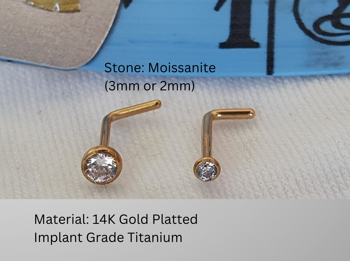 Implant Grade Titanium L-Shape Nose Ring Moissanite (2mm or 3mm) 14k Gold Plated