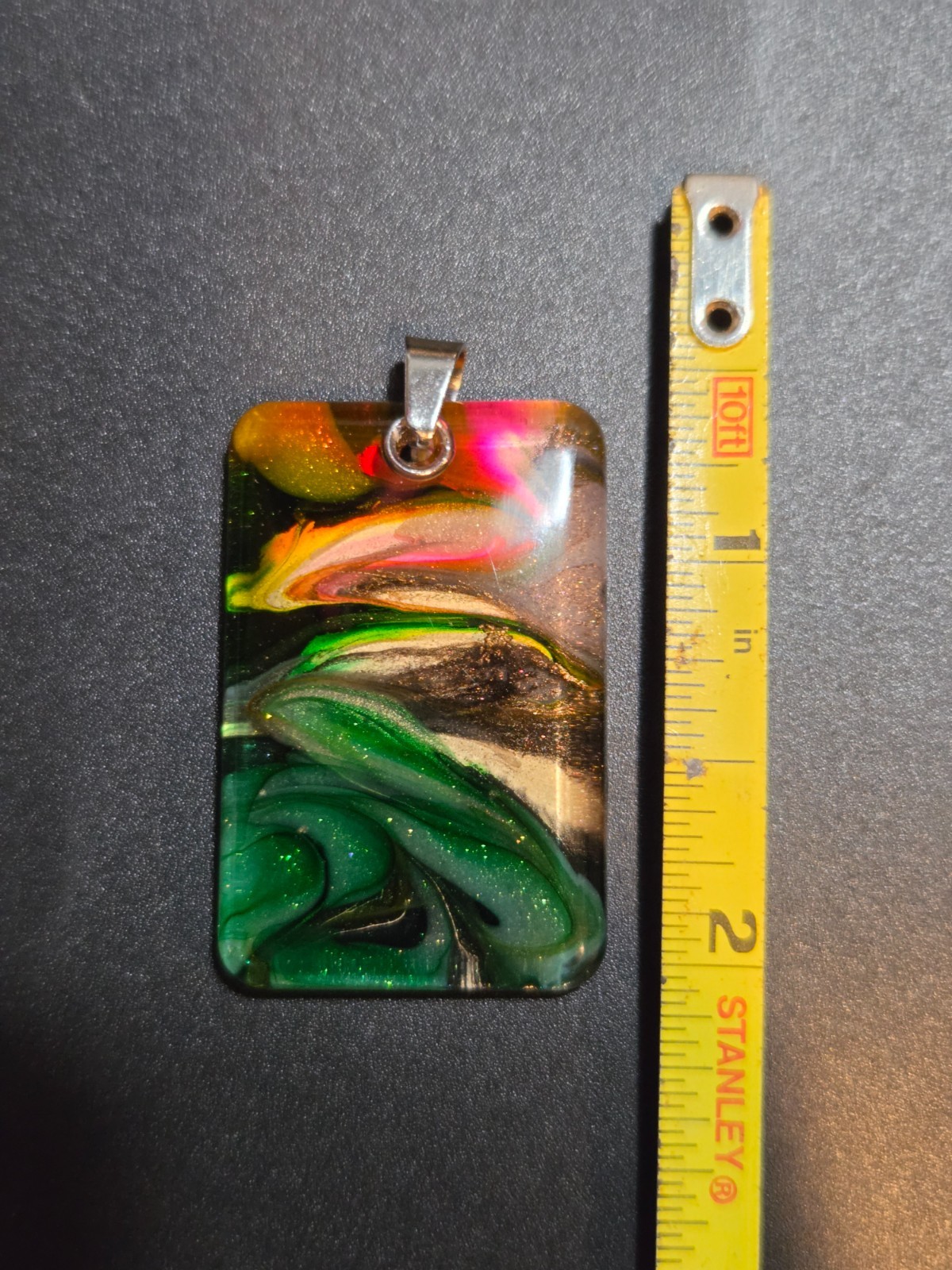 OOAK Petri Effect Resin Rectangle Pendant Green Pink Gold Stainless N105