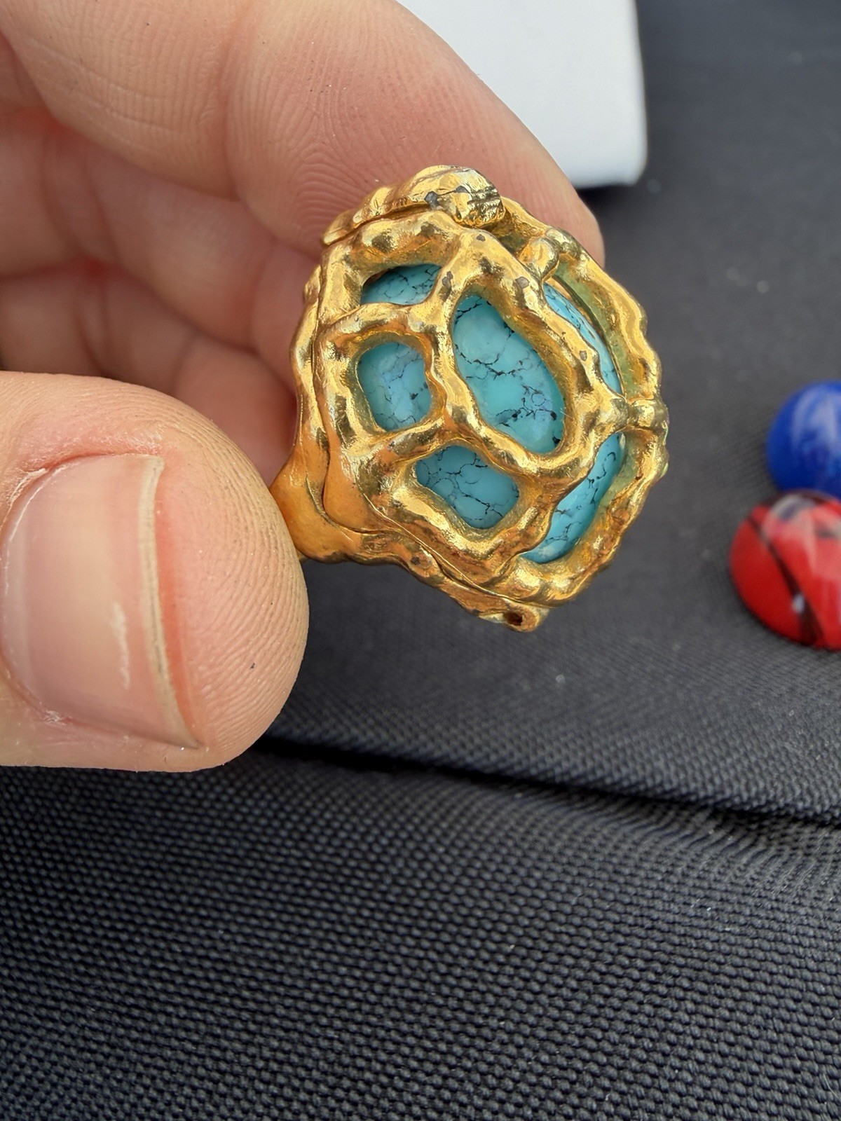 Vintage Crown Trifari Interchangeable Adjustable Ring, 6 Colored Cabochons