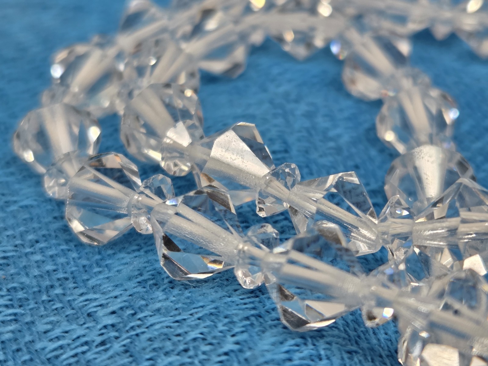 Clear BiCone Crystal Beaded Necklace Vintage 17 Inches Sparkly Faceted Hook
