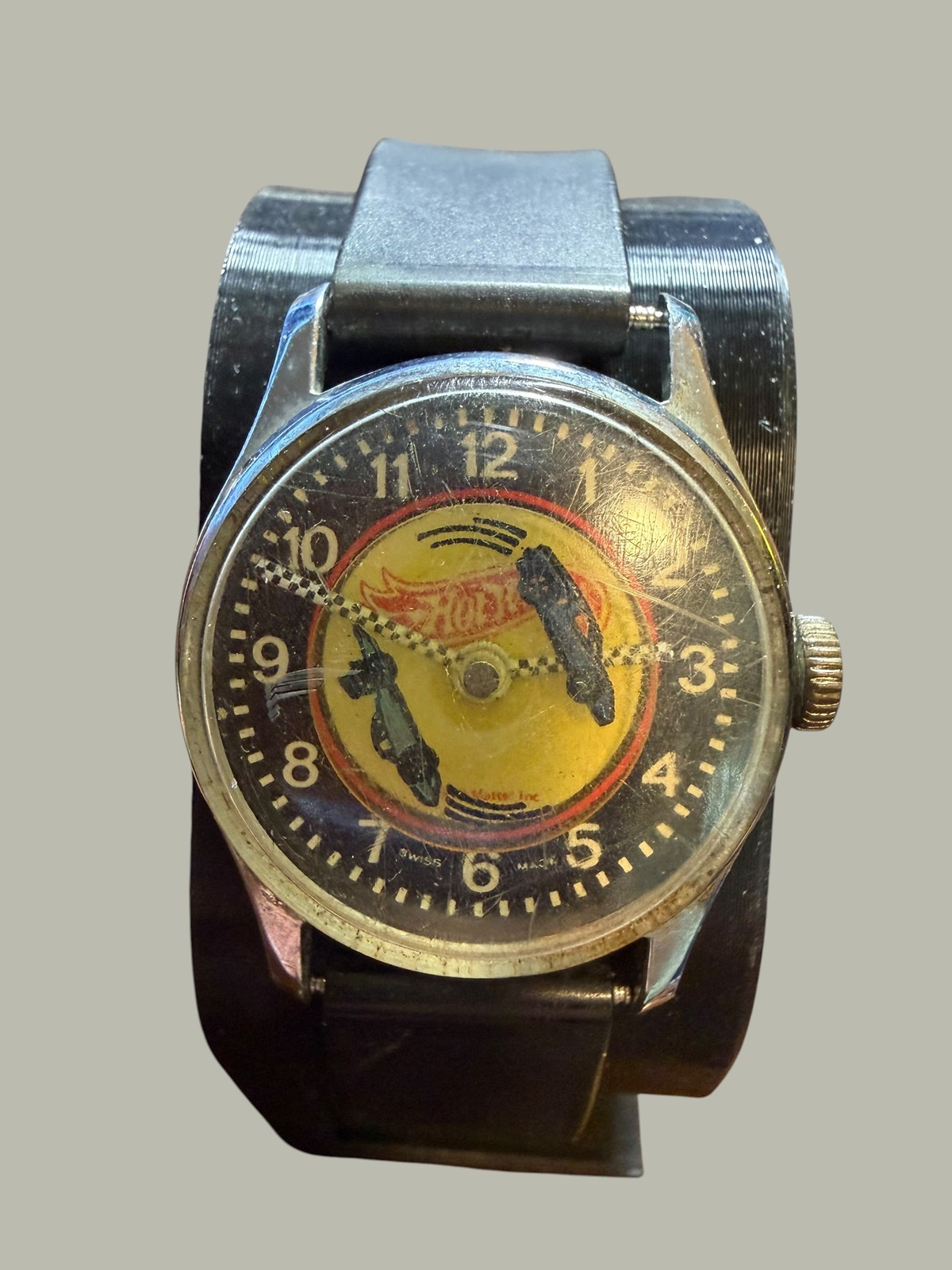 Vintage Hot Wheels Swiss Made Manual Wind Youth Wristwatch Black Rubber Band