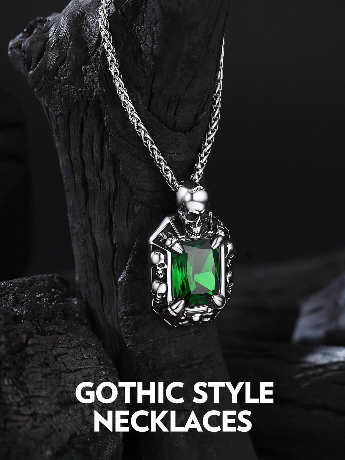 Emerald Stone Pendant Necklace Stainless Steel Green Crystal Gemstone Necklac…