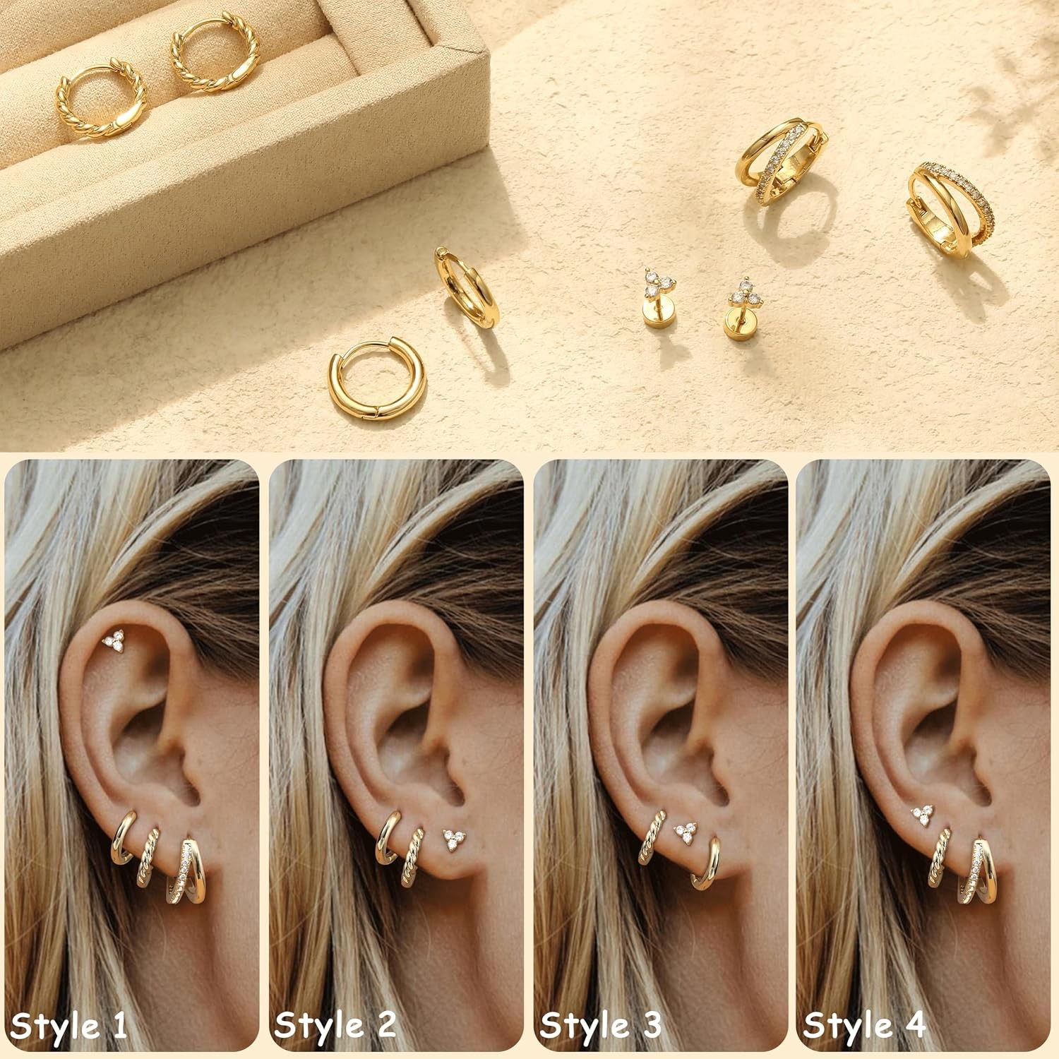 14K Gold Plated Dainty Huggie & Stud Earrings Set for Sensitive Ears – 4 Pairs