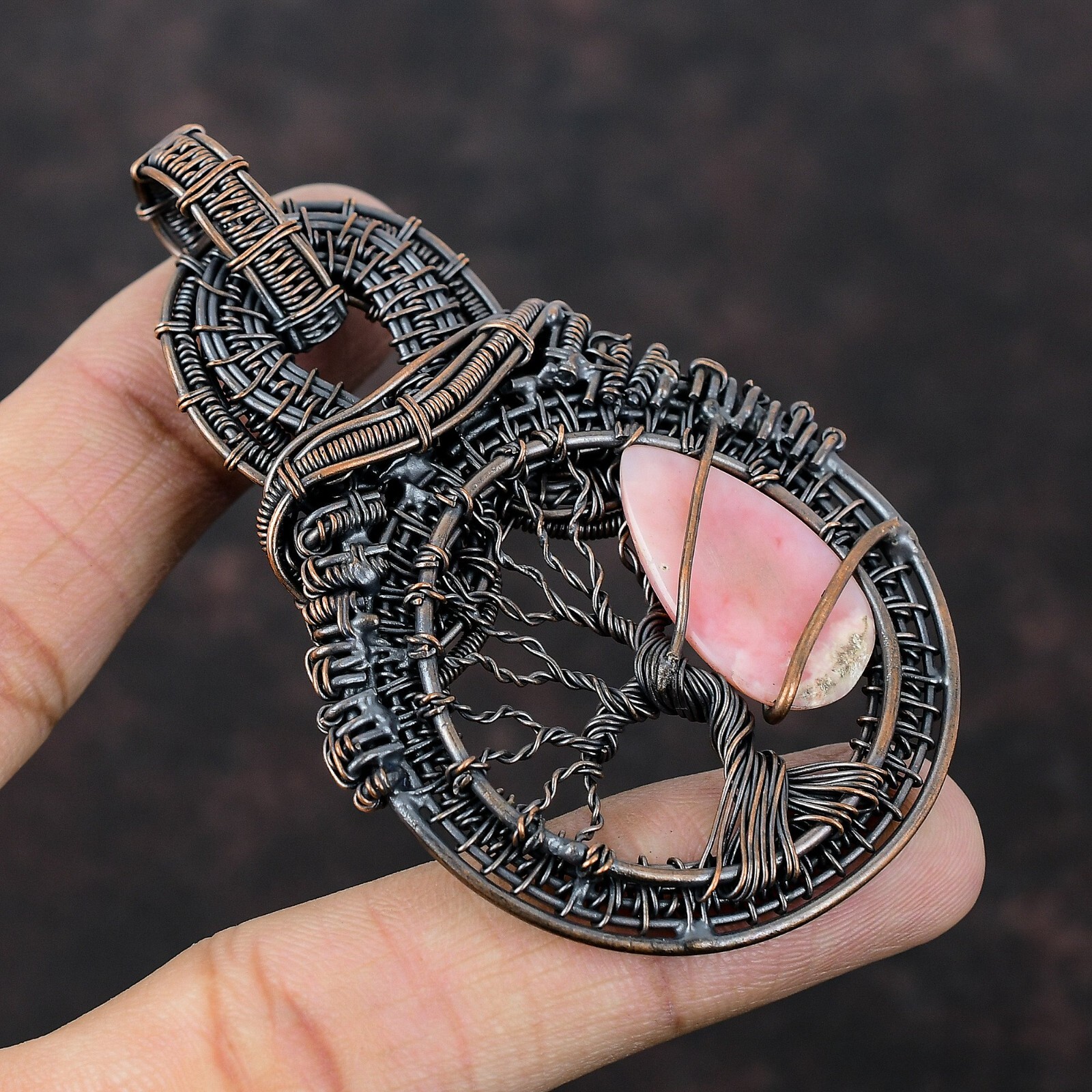 Pink Opal Jewelry Copper Friend Gift Wire Wrapped tree Of Life Pendant 3.15″