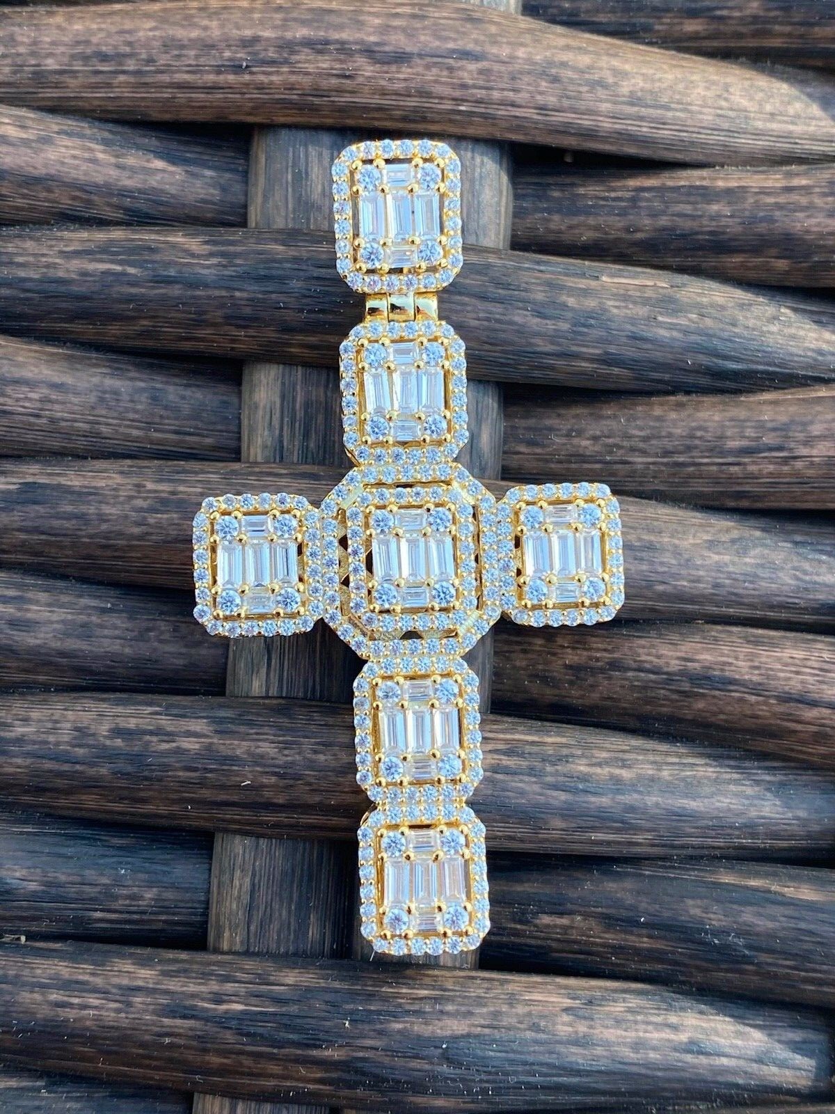 Baguette MOISSANITE Iced Cross Hip Hop Pendant – Pass Tester Silver Gold Plated