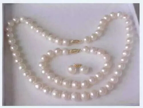 AAAA8-9 MM AKOYA WHITE PEARL NECKLACE BRACELET EARRING SET 14K GOLD 18in+7.5-8in