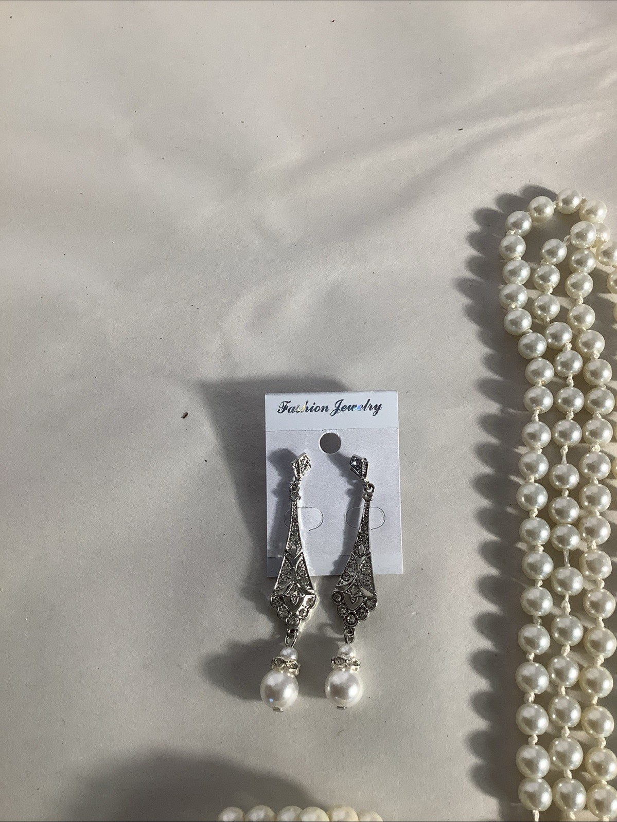 Costume Pearl 30 In Necklace, 7 -8 Inch Bracelet And Drop Earrings