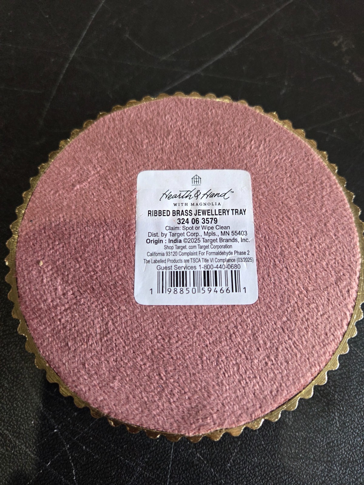 Hearth & Hand with Magnolia Ribbed Brass Jewelry Tray Pink Velvet Lined Round