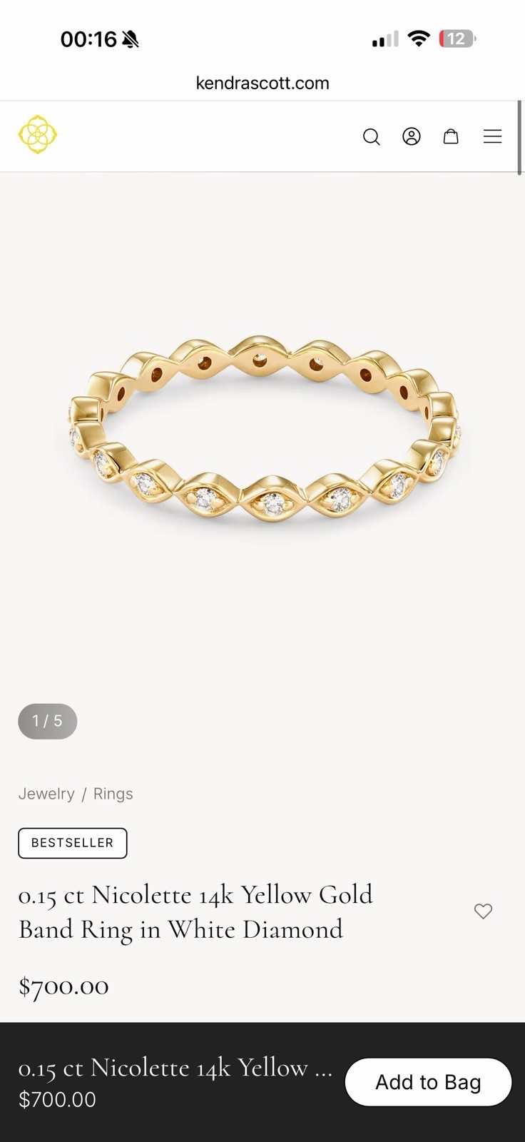 Kendra Scott Nicolette 14K Yellow Gold Diamond Band Ring Size 6 Fine Jewelry