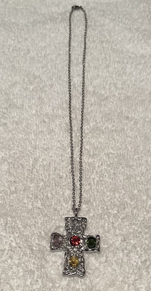 Stainless Steel w/Glass Stones Cross w/Stainless Steel 18in Necklace NEW