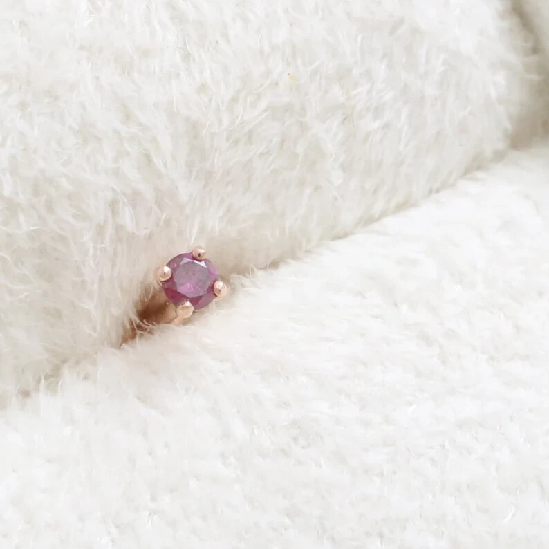 Real 0.04Ct Round Cut Red Ruby Nose Stud Screw Ring Piercing Pin 14K Rose Gold