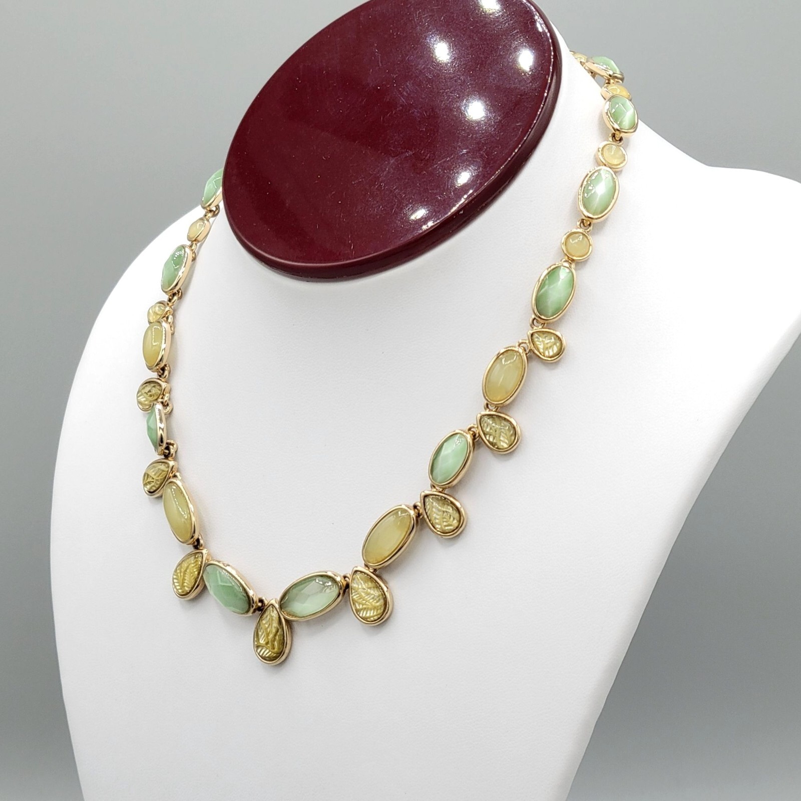 Gold Tone Pea Green Cabochon Teardrop Necklace Foil Backed Lobster Clasp 16 in