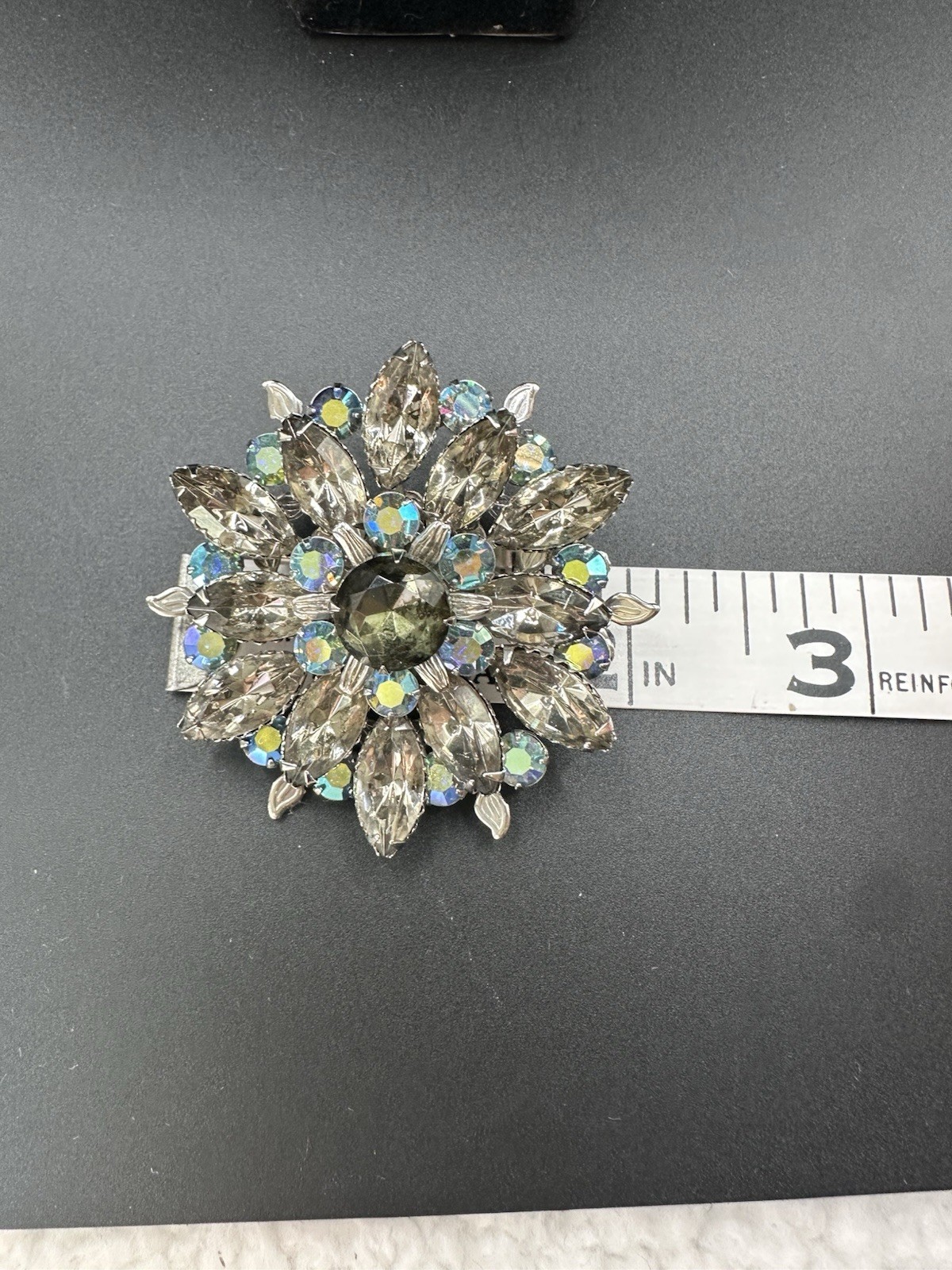 Vintage Unsigned Smoky Gray Navette Rhinestones and Blue Aurora Borealis Brooch