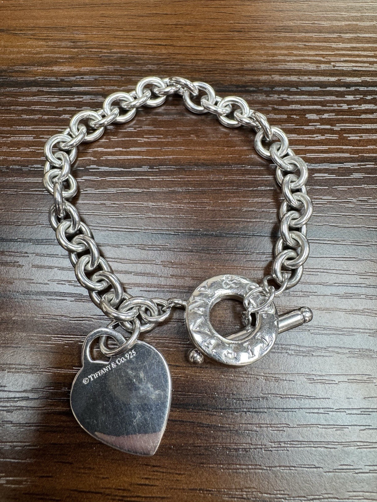 Tiffany & Co. 925 Sterling Silver Heart Dangle Charm Toggle Bracelet