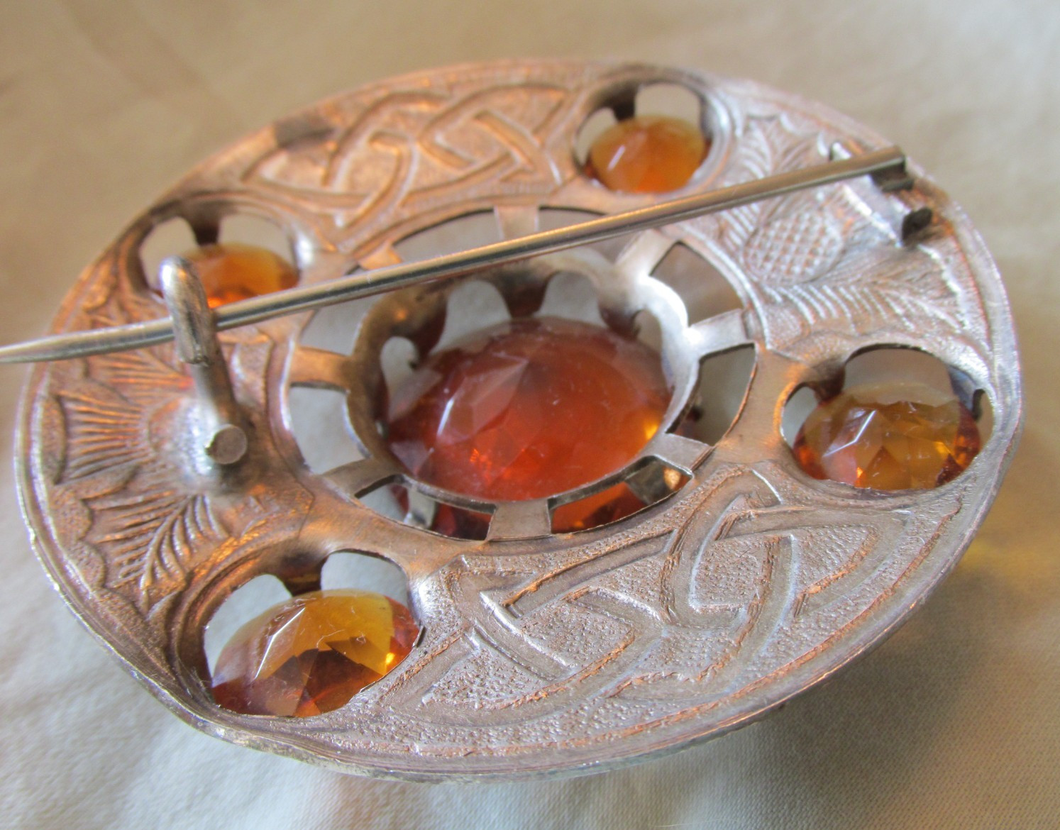 Vintage Oversized Cairngorm 5 Stone Scottish Thistle Brooch Great Britain Silver