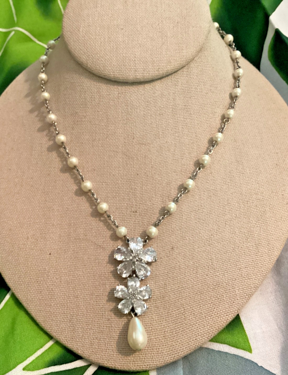 Carolee Bridal Faux Pearl Silver Tone Chain Rhinestone Pendant Drop Necklace