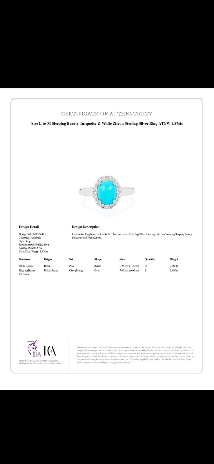Sleeping Beauty Turquoise Ring with White Zircon in Sterling Silver 1.87cts