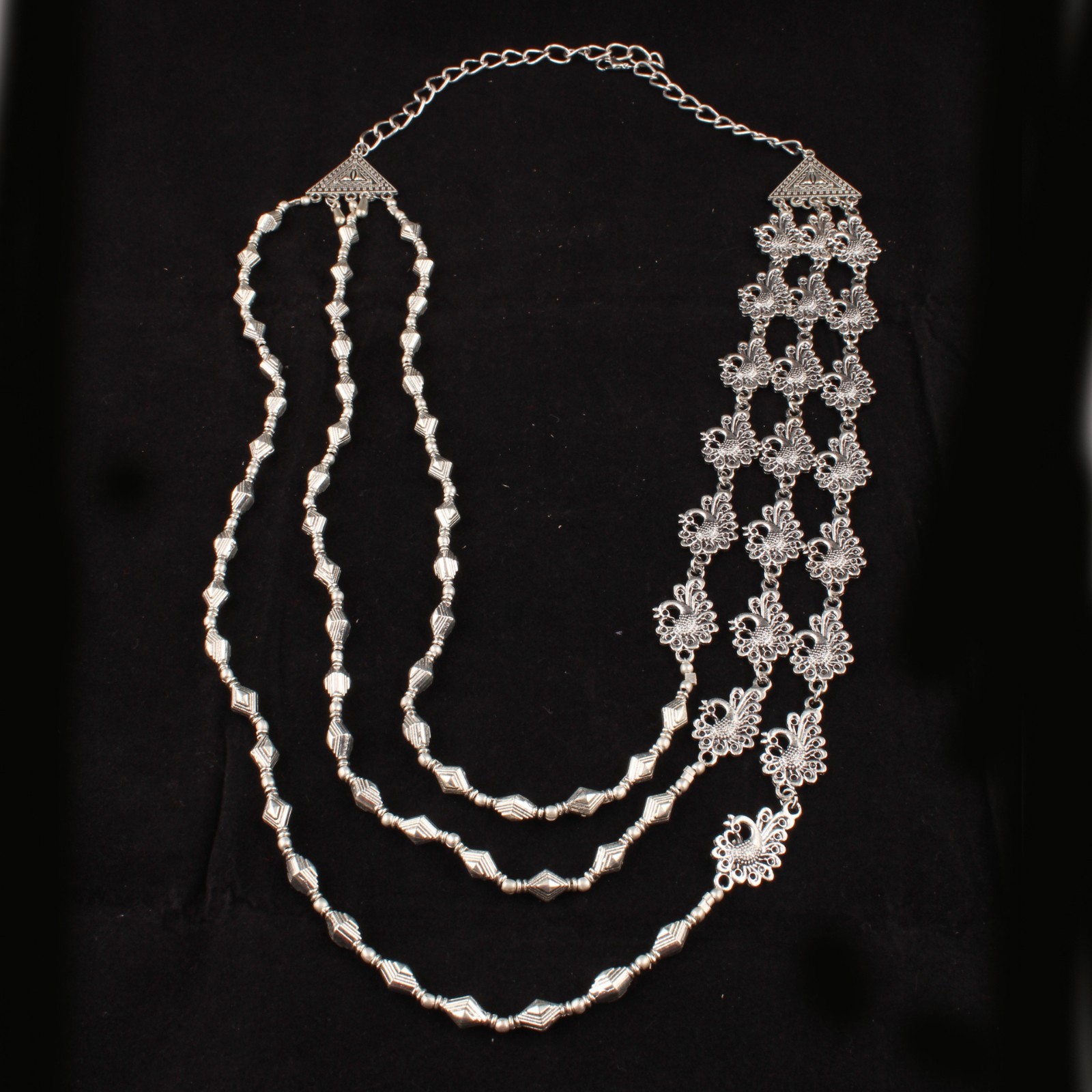 Oxidized Silver Plated Tribal Layered Necklace, Boho Statement Bib Necklace