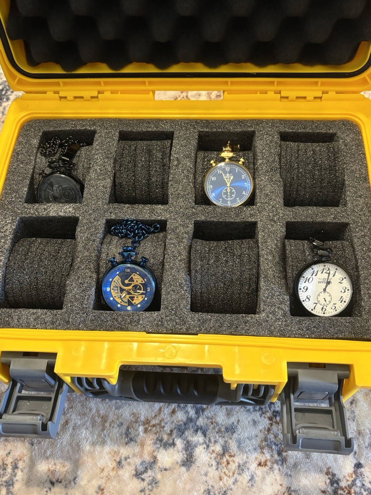 Invicta Lot of 4 Quartz Open Face Pocket Watches and dive case. See description.
