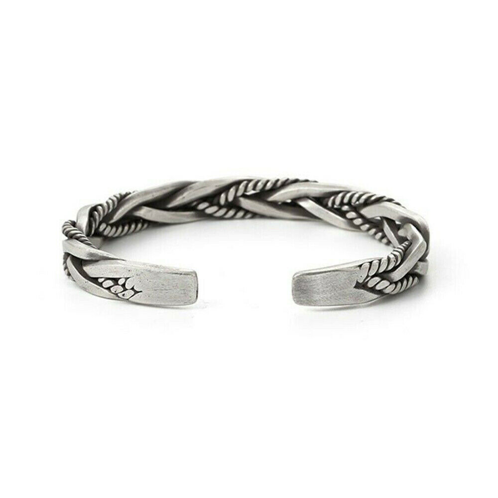 925 Sterling Silver Thai Handmade Vintage Open Bangle Twisted Cuff Men Bracelet