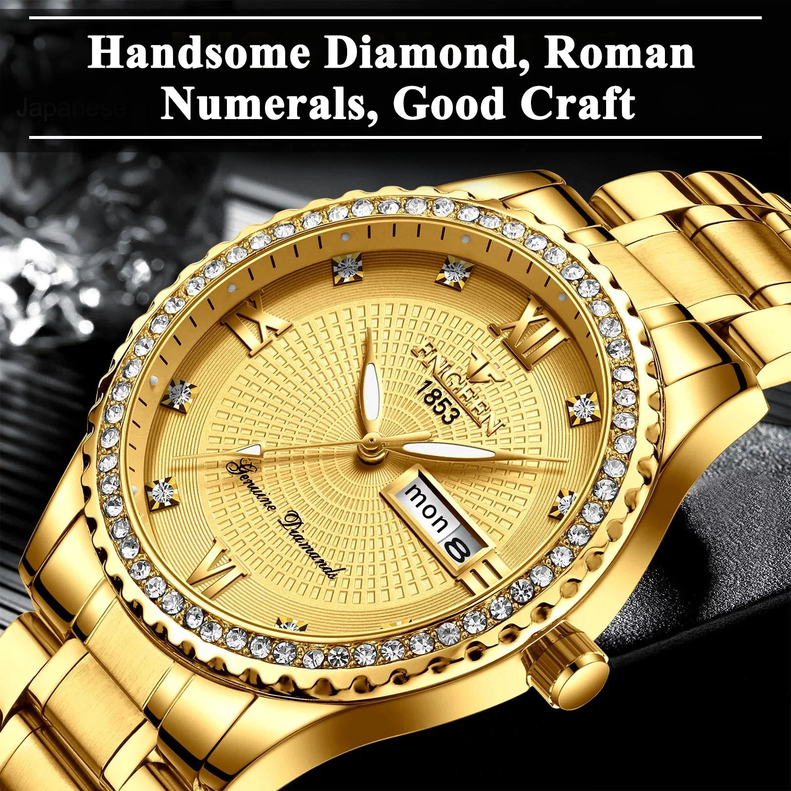 Classic Diamond Gold Watches for Men, Stainless Steel Waterproof Dress Watch, Me