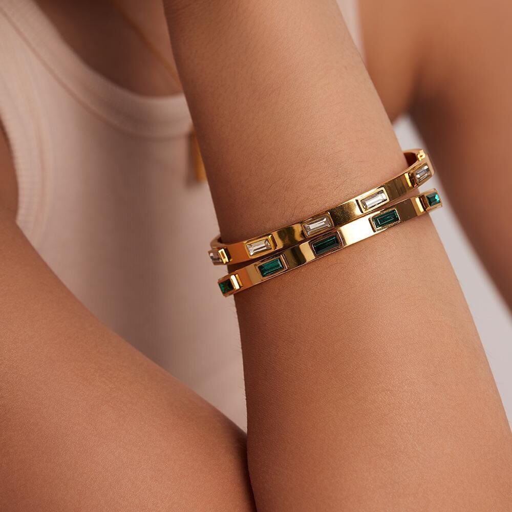 Woman 18K Gold Plated Stainless Steel Square Cubic Zircon Cuff Bracelet Bangle