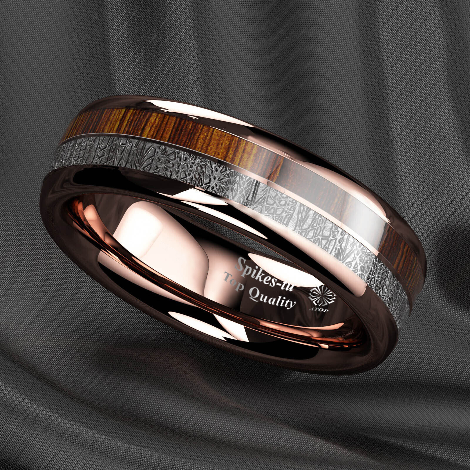 8/6mm Rose Gold Plated Metal Tungsten Ring Koa Wood Inlay ATOP Men Jewelry