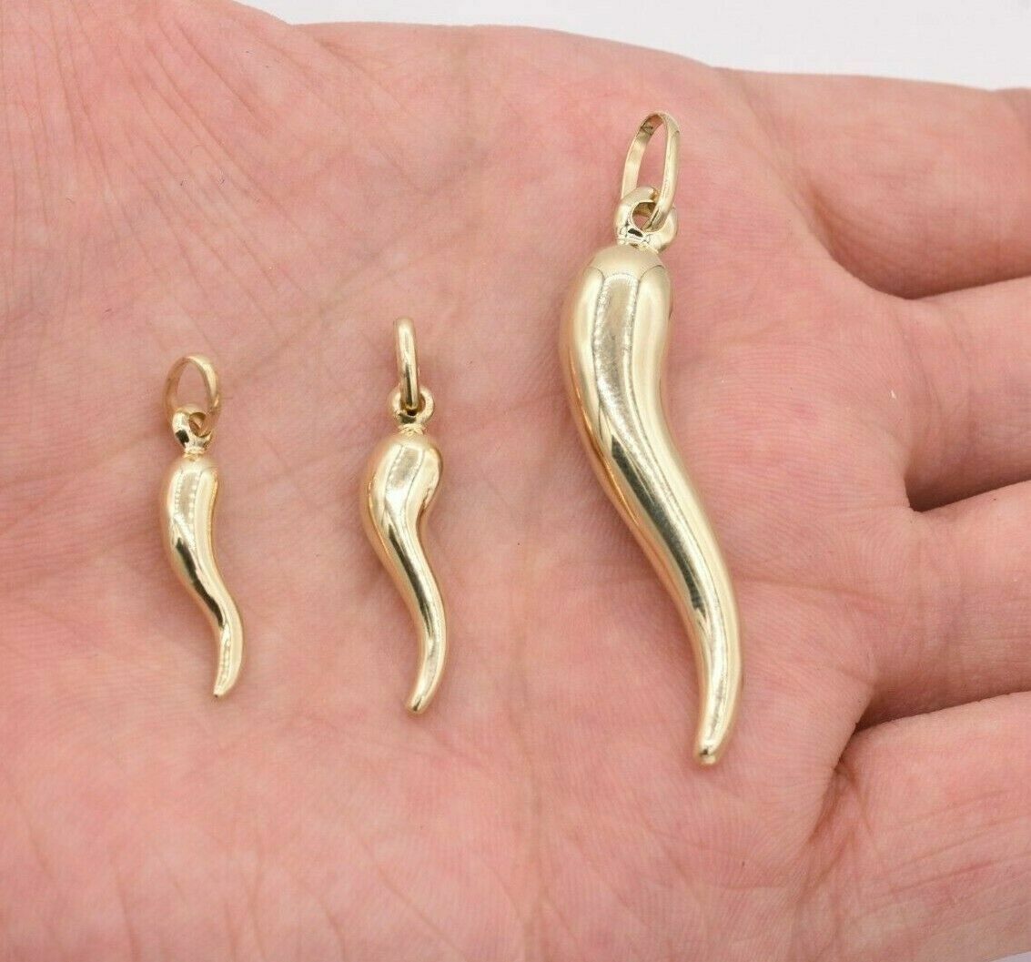 CORNICELLO ITALIAN HORN Real 10K Yellow Gold Pendant Good Luck Charm All Sizes