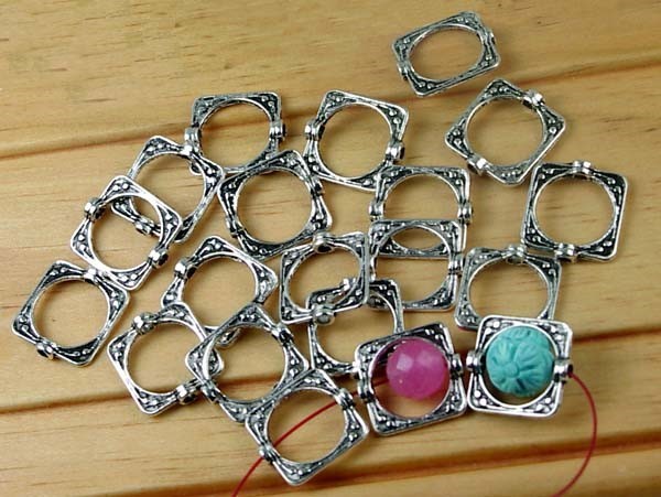 20 Antique Silver Pewter Square Frame Beads 15mm